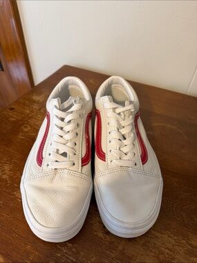 Vans old skool White Leather Sneakers with Red Side Stripe